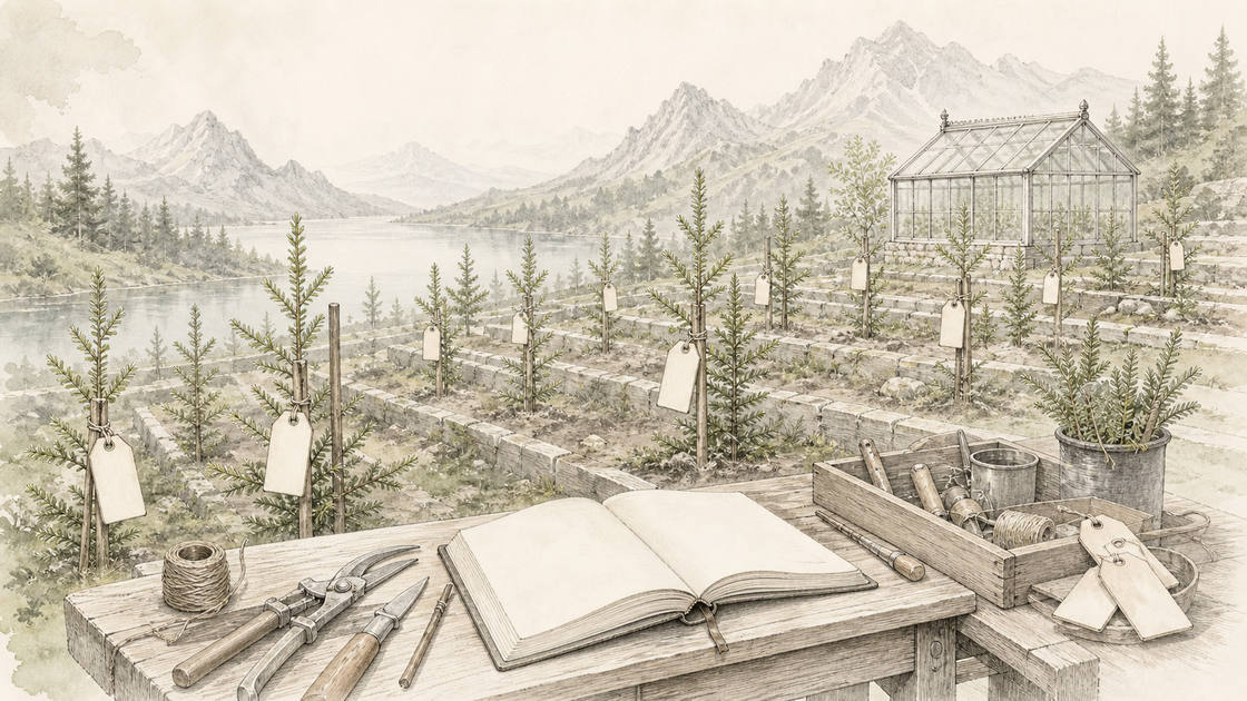 Dessin à l’encre : une pépinière en terrasses au bord d’un lac de montagne, où chaque jeune arbre est attaché à son tuteur et porte une étiquette ; au premier plan, un établi avec un carnet ouvert, un sécateur et une pelote de ficelle.