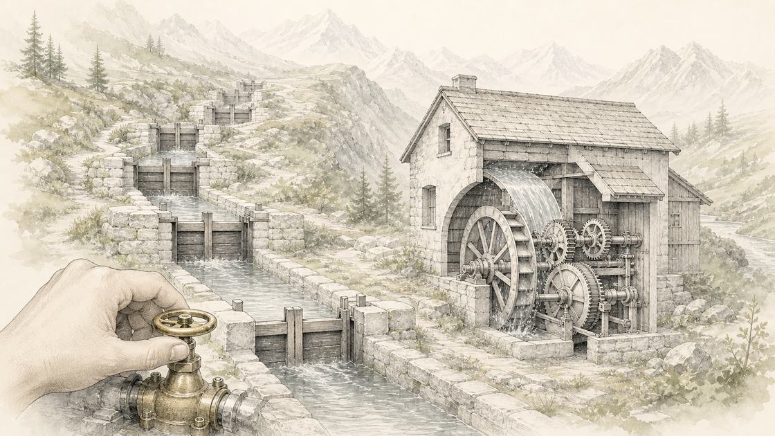 Dessin à l’encre : un canal de montagne descend d’écluse en écluse jusqu’à un moulin dont la roue à eau entraîne des engrenages ; au premier plan, une main tient la vanne en laiton qui commande le débit.